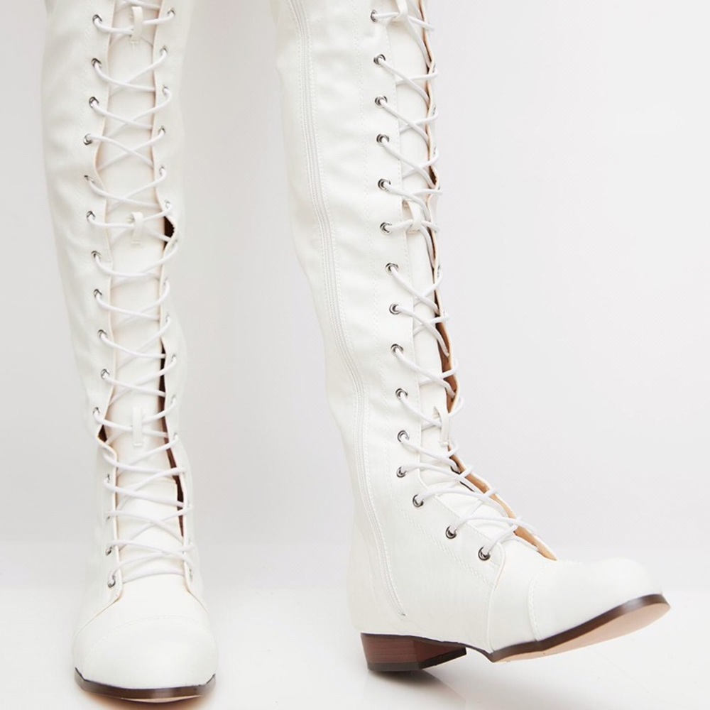 White thigh high lace up boots